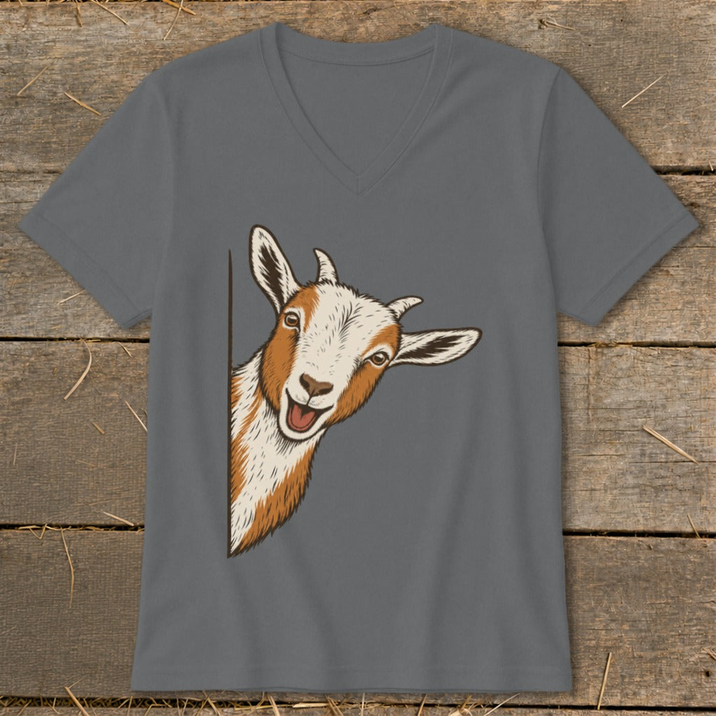 Gray t-shirt with a cartoon goat peeking from the side with a wide smile.