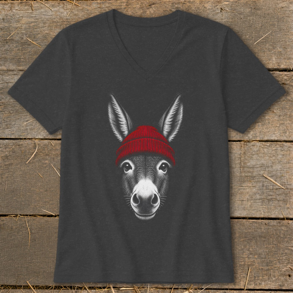 Dark gray V-neck t-shirt featuring a front graphic of a donkey wearing a red beanie.
