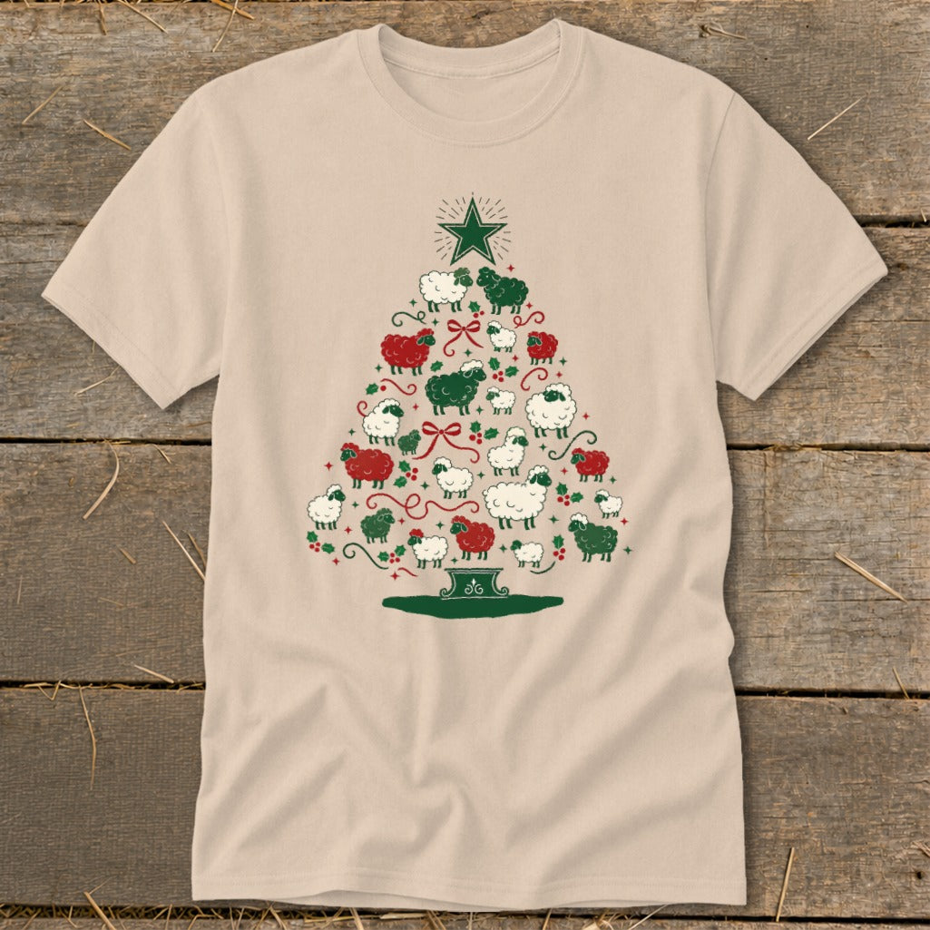 Light tan t-shirt with a Christmas tree design made of sheep.