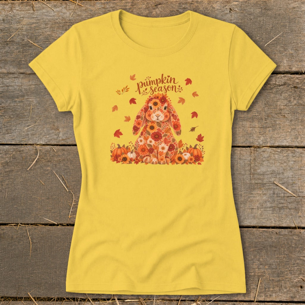 Yellow t-shirt with a floral bunny, pumpkins, and autumn leaves. Text reads "pumpkin season."