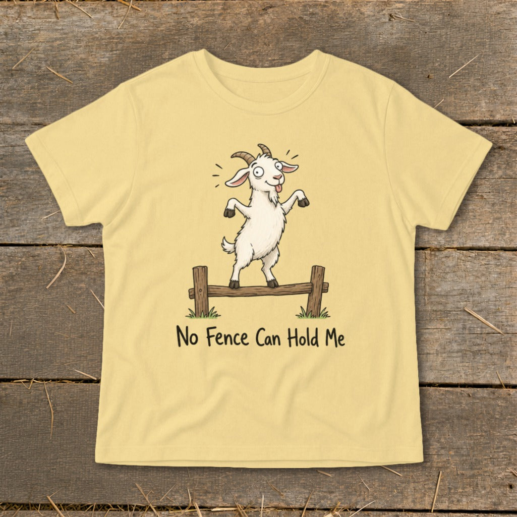 Yellow t-shirt with a cartoon goat balancing on a fence, text reads "No Fence Can Hold Me".