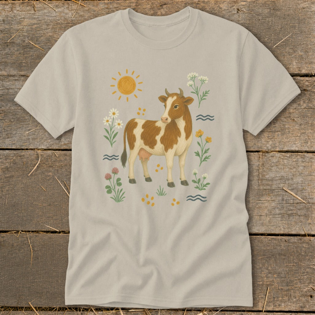 Brown and white cow illustration with sun and wildflowers on a tan t-shirt.