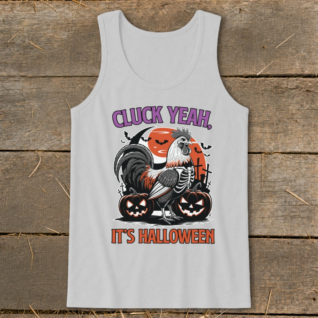 Gray tank top with a skeleton rooster graphic and text "CLUCK YEAH, IT'S HALLOWEEN".
