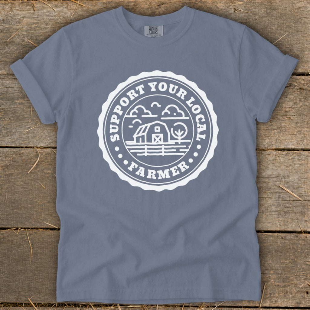 Gray t-shirt with white "Support Your Local Farmer" graphic and barn illustration.