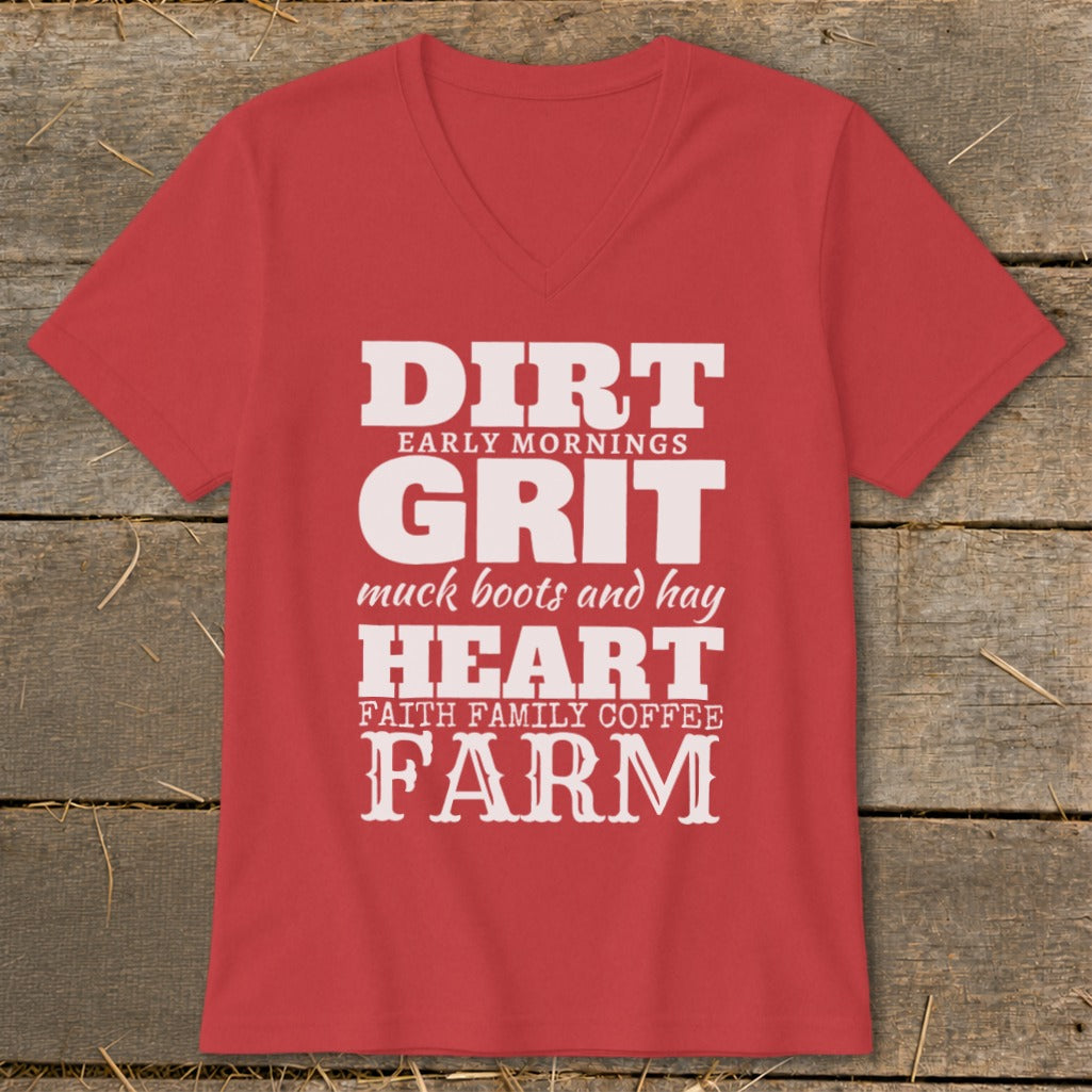 Red t-shirt with white text: Dirt, Early Mornings, Grit, muck boots and hay, Heart, Faith Family Coffee, Farm.