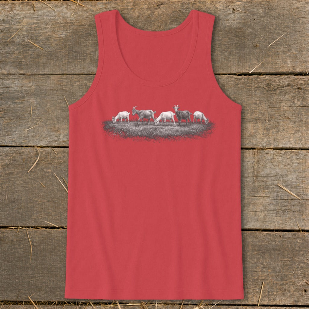 Red tank top with a graphic of five goats grazing in a line on grass.