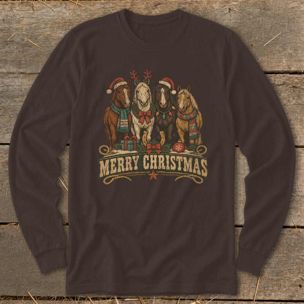 Four horses in Christmas attire with "Merry Christmas" text and holiday decorations.