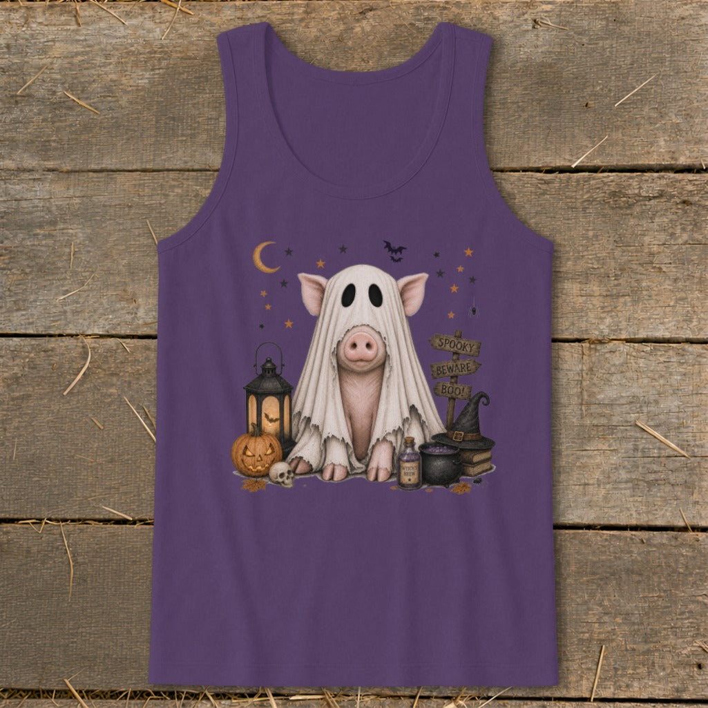 Pig in ghost costume with Halloween decor, "Spooky Beware Boo!" text on purple tank top.