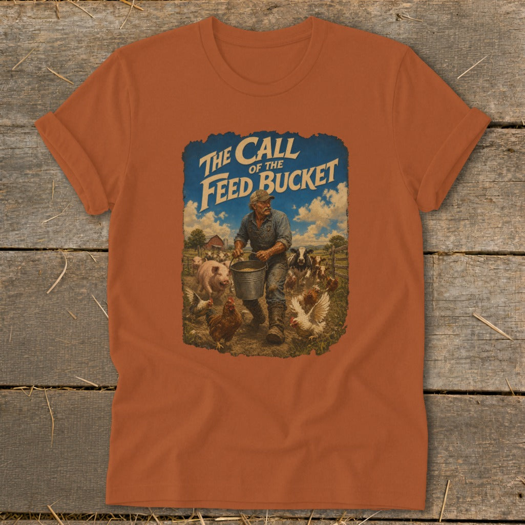 Farmer with feed bucket surrounded by chickens, pig, and cows, text: The Call of the Feed Bucket.