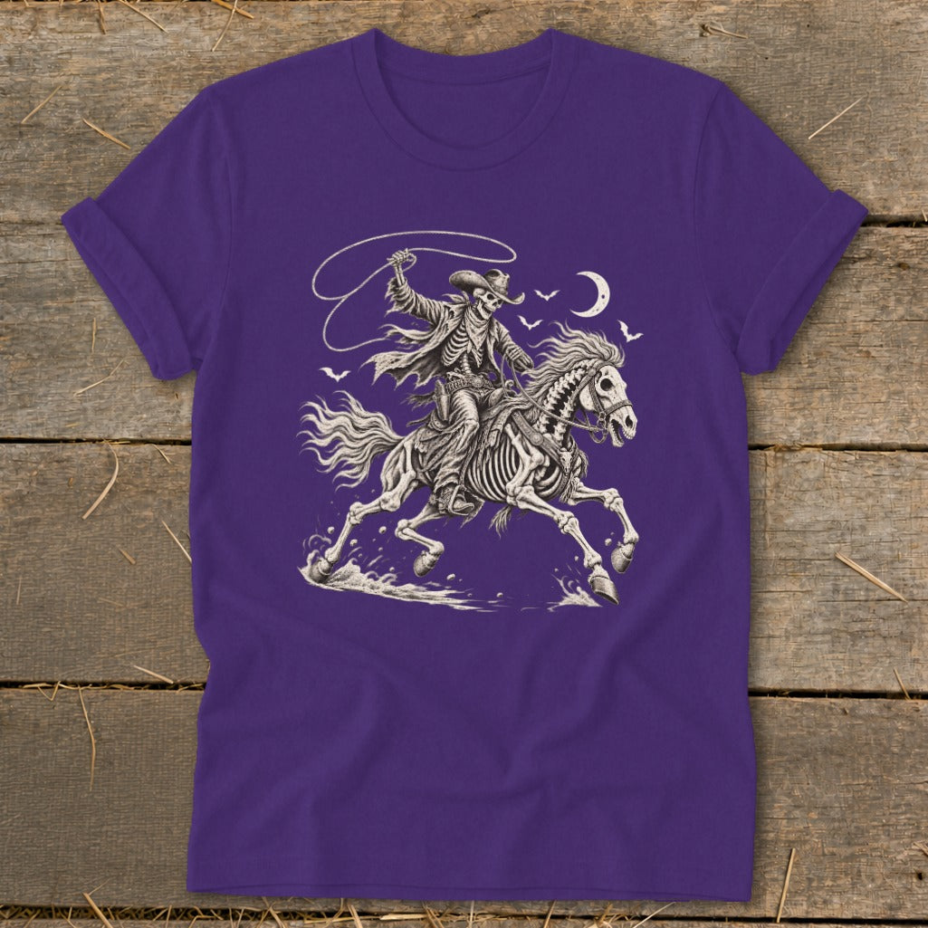 Skeleton cowboy on horseback with lasso under a crescent moon and birds.