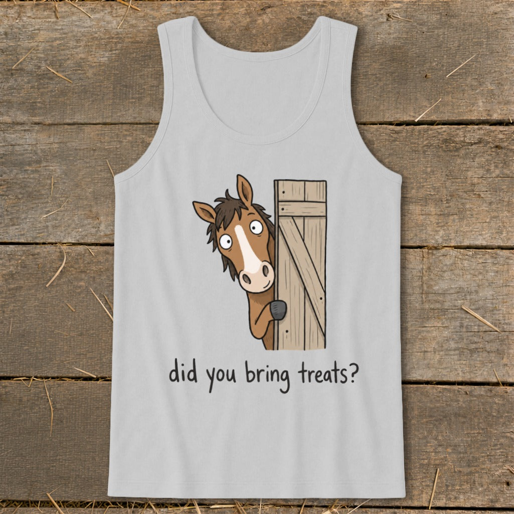 Light grey tank top with cartoon horse peeking from behind a gate asking, "did you bring treats?".