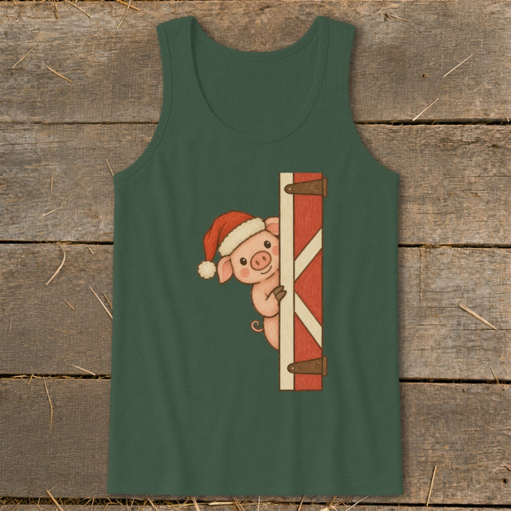 Green tank top with a peeking pig wearing a Santa hat.