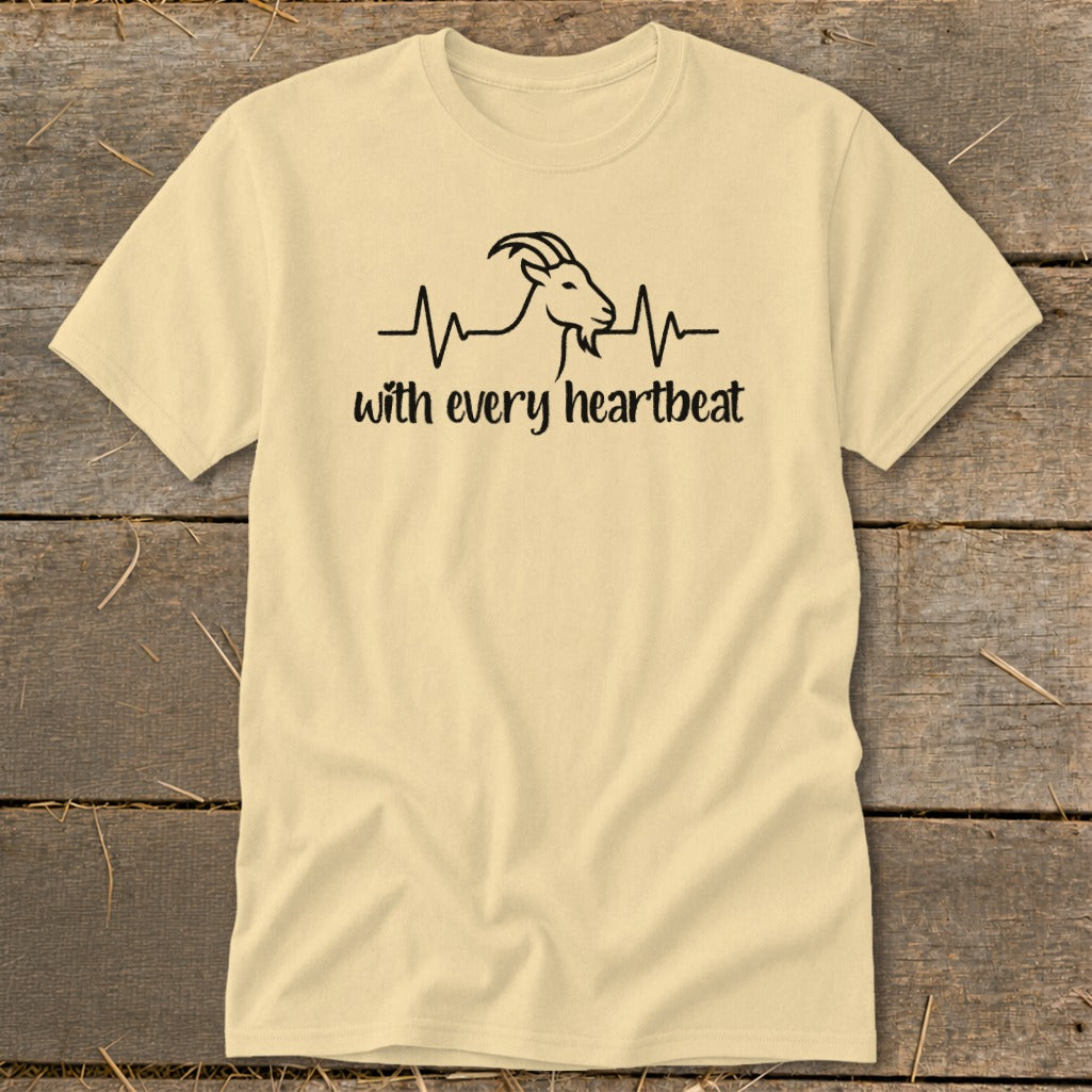 Cream t-shirt with black goat and heartbeat graphic and text "with every heartbeat".