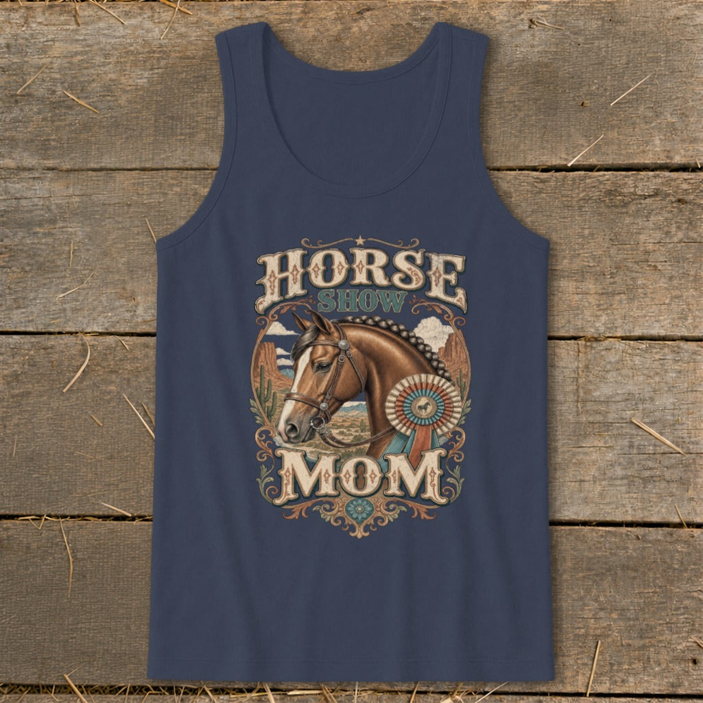 Navy tank top with "Horse Show Mom" text and a horse head graphic.