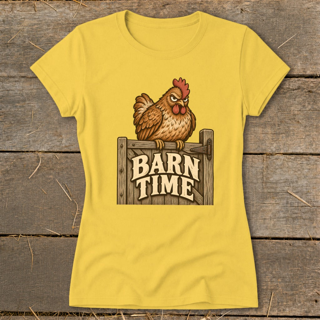 Yellow t-shirt with a cartoon chicken on a fence, featuring "BARN TIME" text.