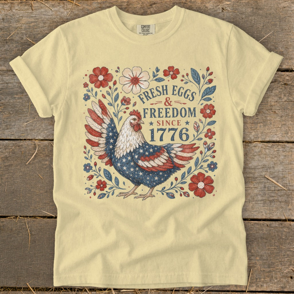 Chicken with American flag wings and "Fresh Eggs & Freedom Since 1776" text.