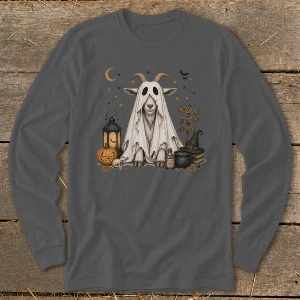 Goat in ghost costume with Halloween decorations and "Spooky Beware Boo!" sign.