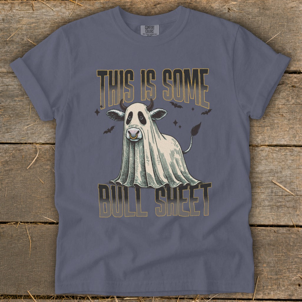 Ghost cow with bull sheet text and bats on t-shirt