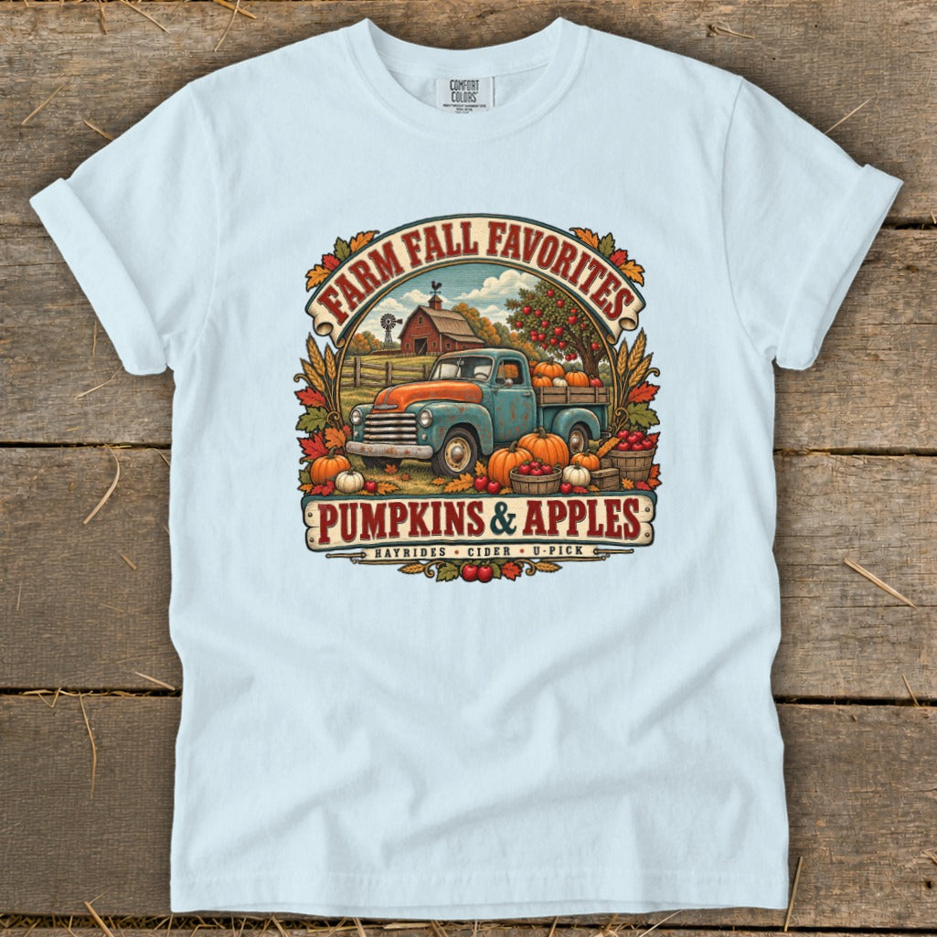 Farm Fall Favorites truck with pumpkins and apples, "PUMPKINS & APPLES" text.