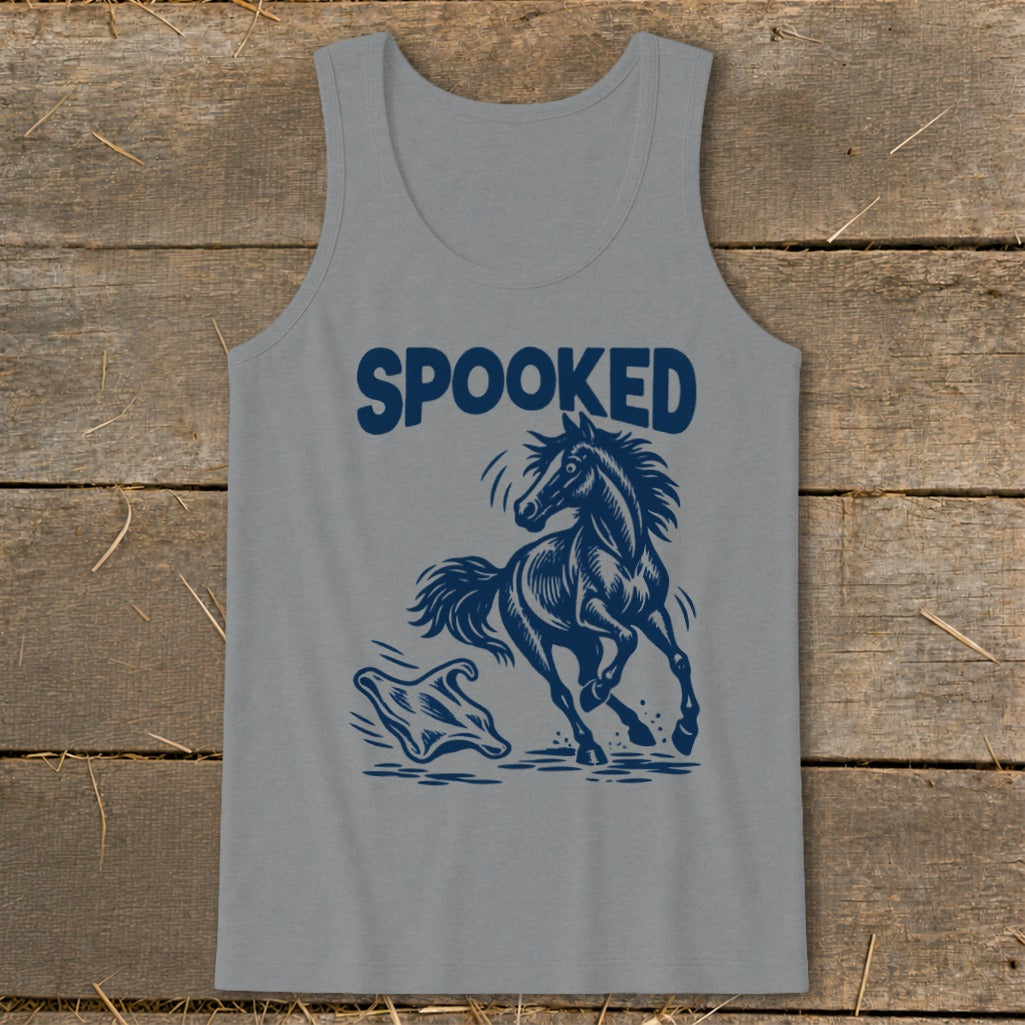 Grey tank top with dark blue text and graphic of a startled horse facing a ghost.