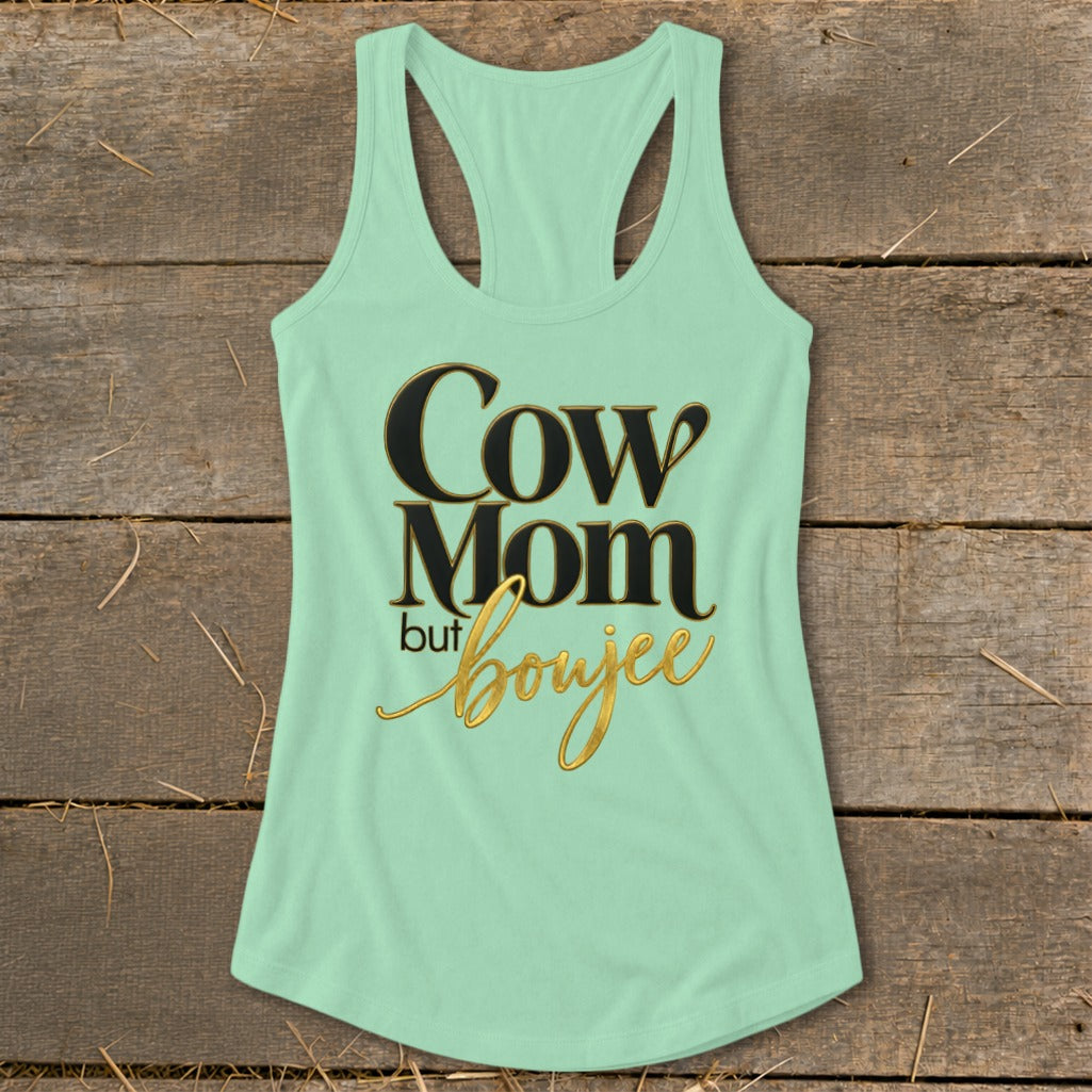 Light green tank top with "Cow Mom but boujee" text in black and gold.