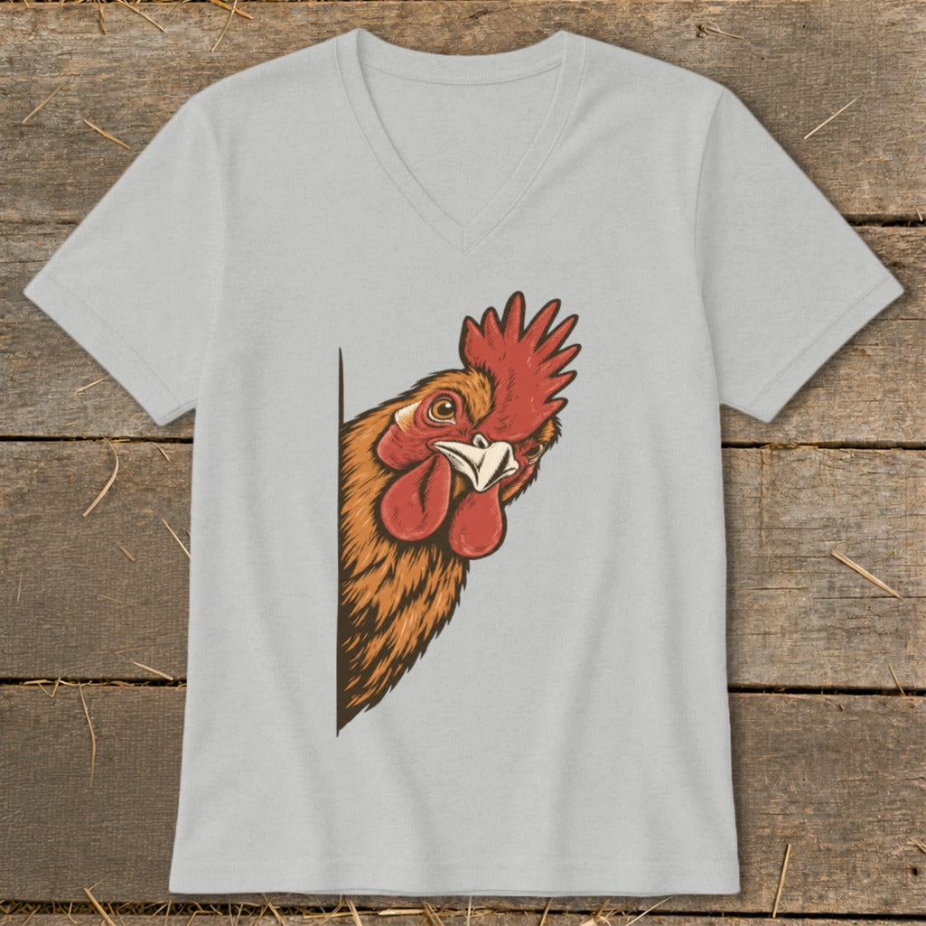 V-neck t-shirt with a cartoon chicken peeking from the side.