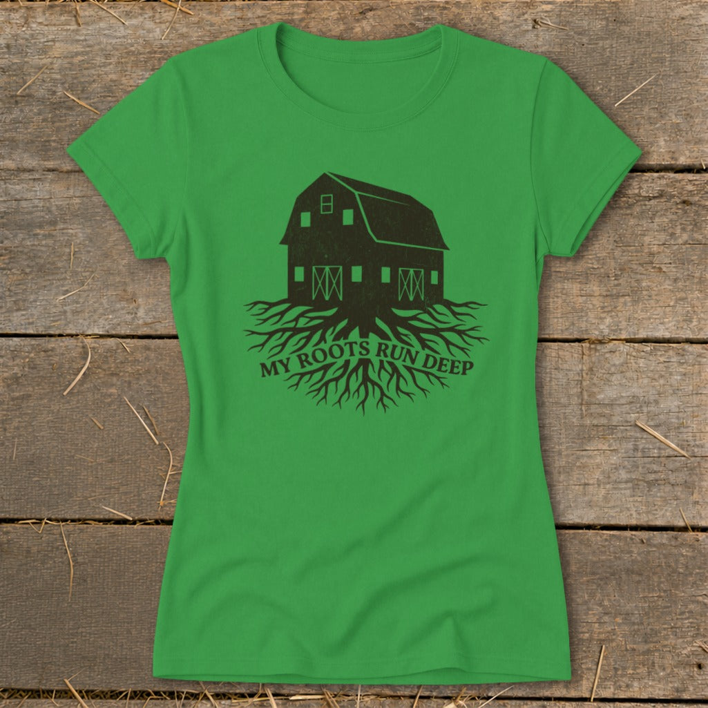 Green t-shirt with a barn on roots graphic and text "MY ROOTS RUN DEEP".
