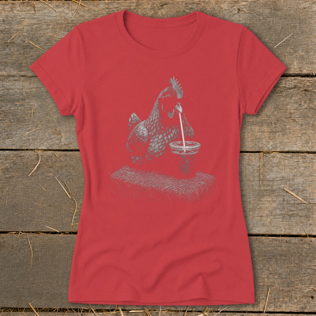 Red t-shirt with a gray graphic of a chicken drinking from a cup on straw.