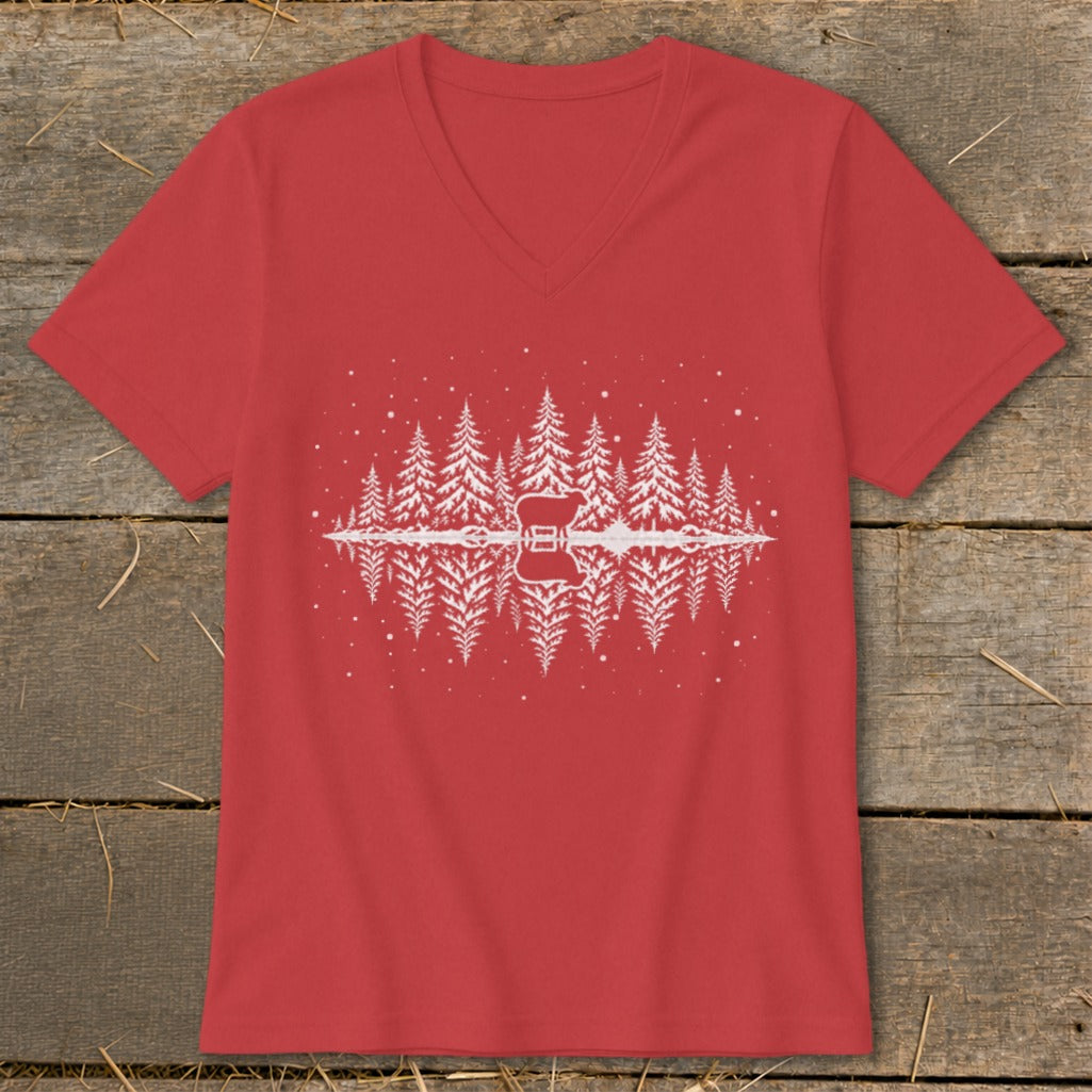 Red v-neck t-shirt with white pine trees and deer reflection graphic.