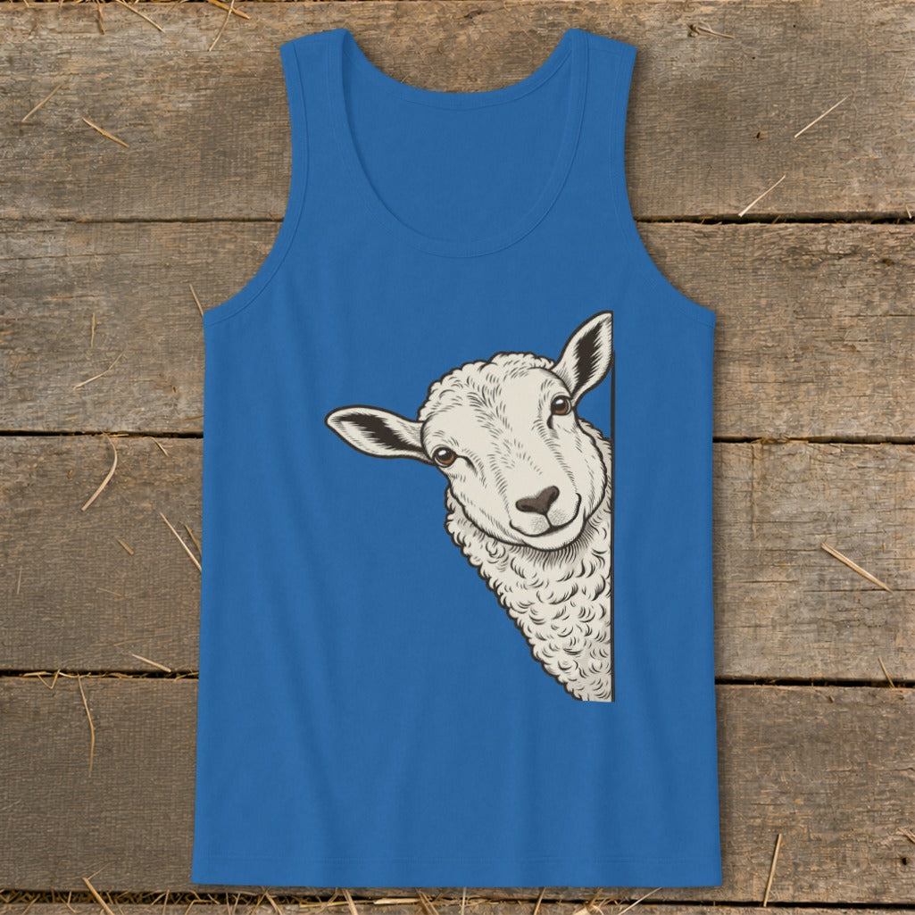 Blue tank top with a drawing of a sheep peeking from the side.