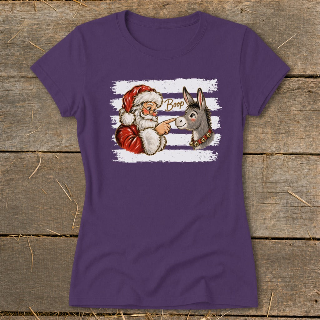 Santa booping a donkey with "Boop" text on a purple t-shirt.