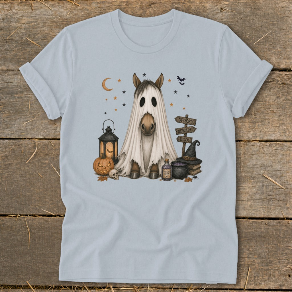 Horse dressed as a ghost surrounded by Halloween decor, with "Spooky Beware Boo!" signs.