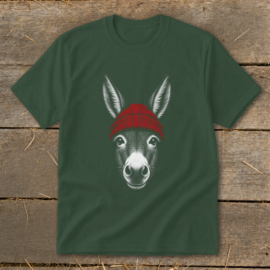 Dark green crewneck t-shirt featuring a white sketch graphic of a donkey wearing a red beanie.