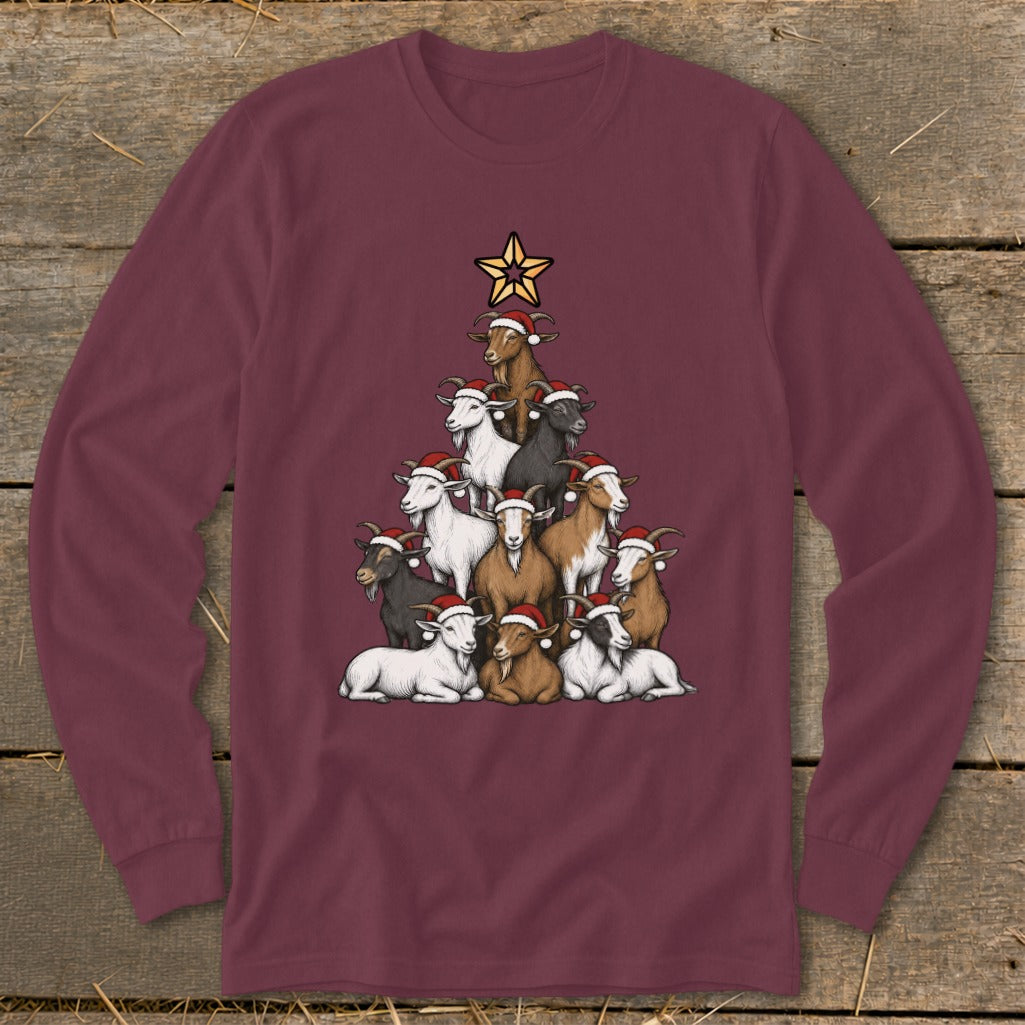 Goats in Santa hats stacked like a Christmas tree with a star on top.