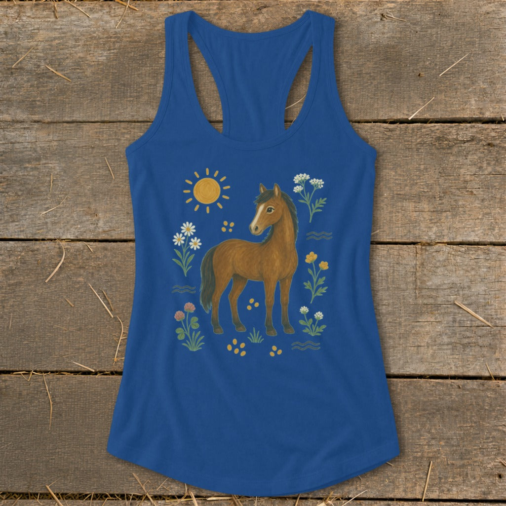 Blue tank top with illustration of a brown horse and flowers under a sun.