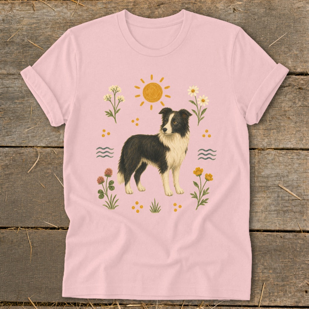 Pink t-shirt with illustration of a Border Collie dog and surrounding flowers.
