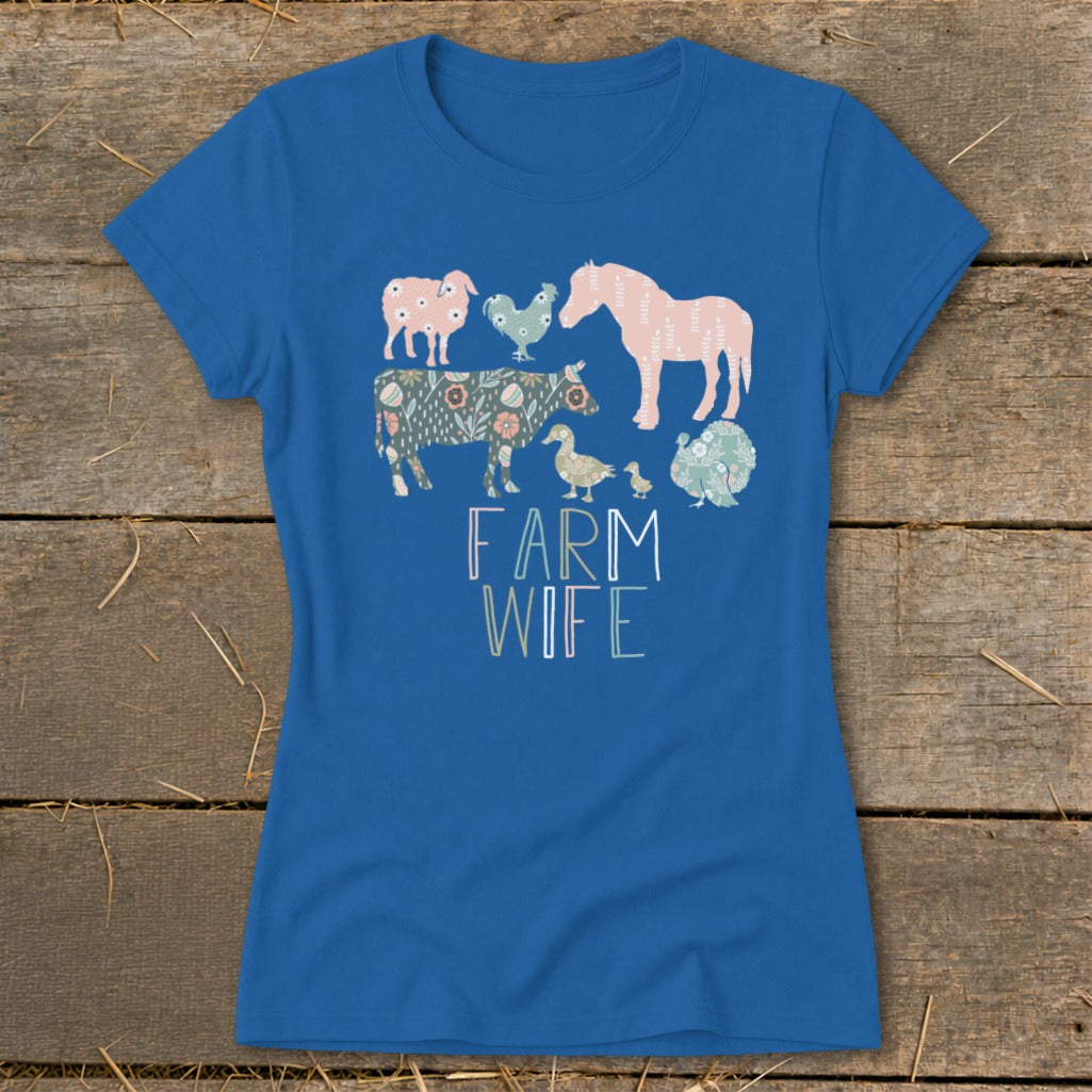 Blue t-shirt with farm animals and "Farm Wife" text.