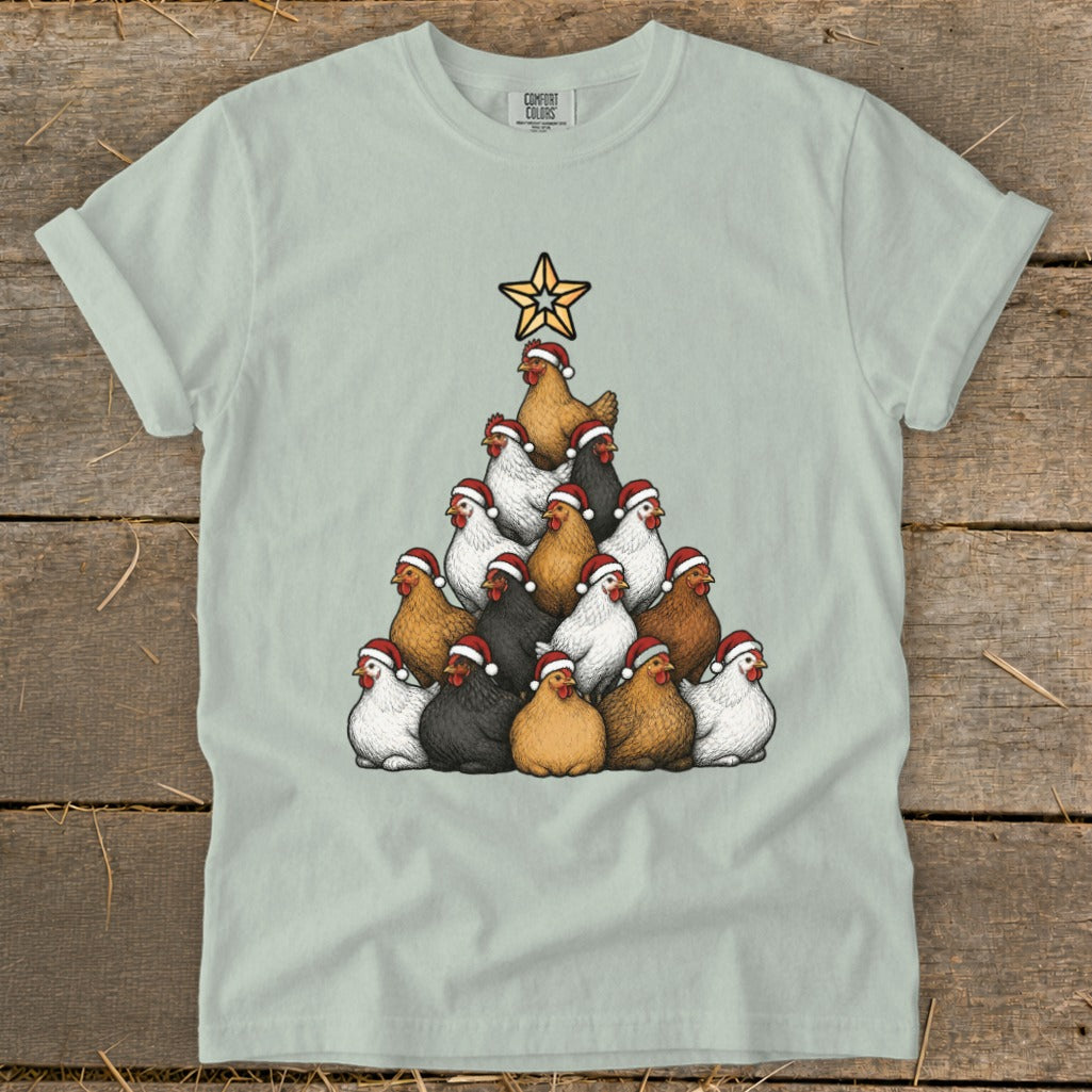 T-shirt with a Christmas tree made of chickens wearing Santa hats, topped with a star.
