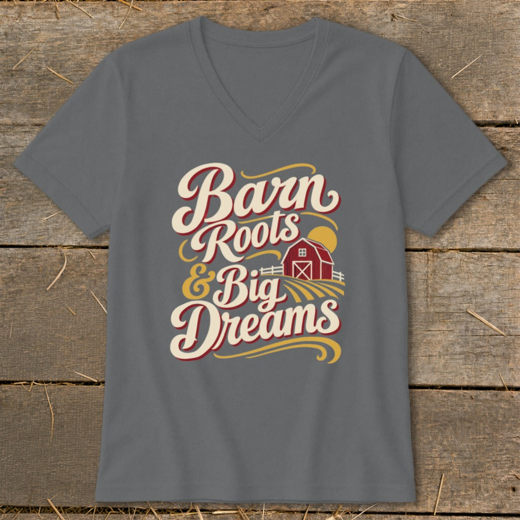 Gray t-shirt with text "Barn Roots & Big Dreams" and a barn graphic.