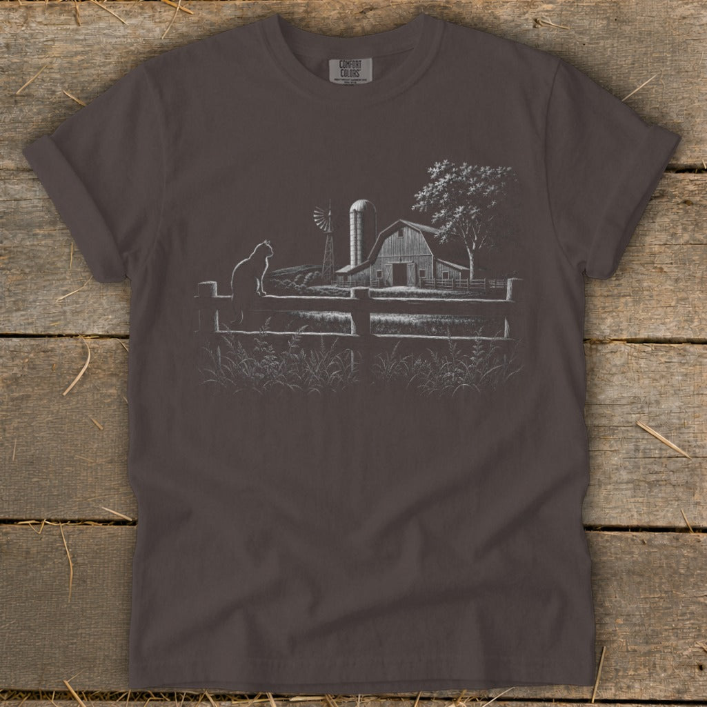 Barn scene with cat on fence, windmill, and tree, in white outline.