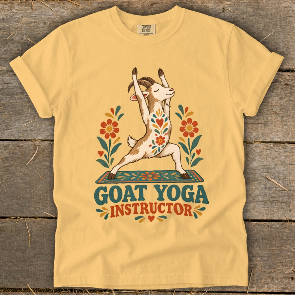 Goat in yoga pose on mat, surrounded by flowers, with text "GOAT YOGA INSTRUCTOR".