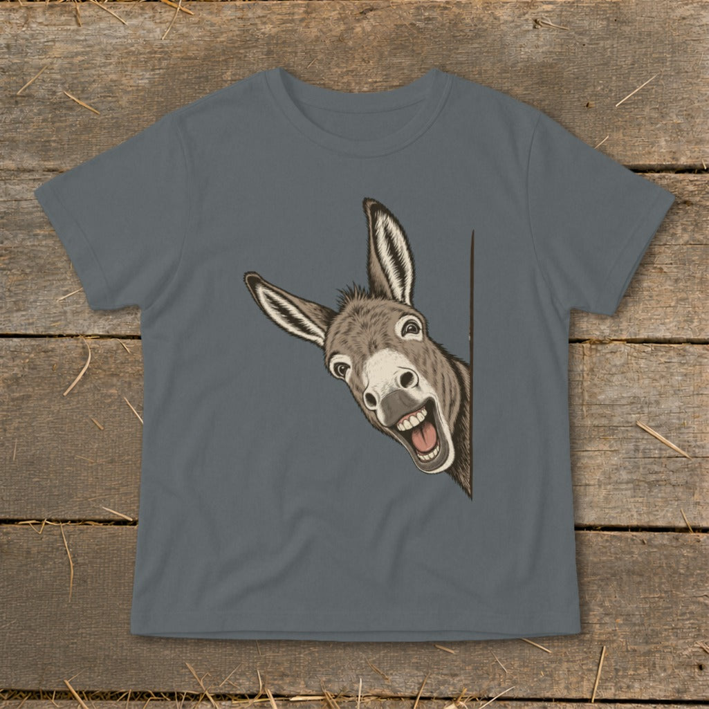 Dark gray t-shirt with a humorous illustration of a donkey peeking from the side.