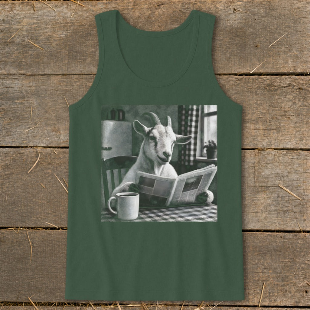 Dark green tank top featuring a black and white graphic of a goat reading a newspaper at a kitchen table.
