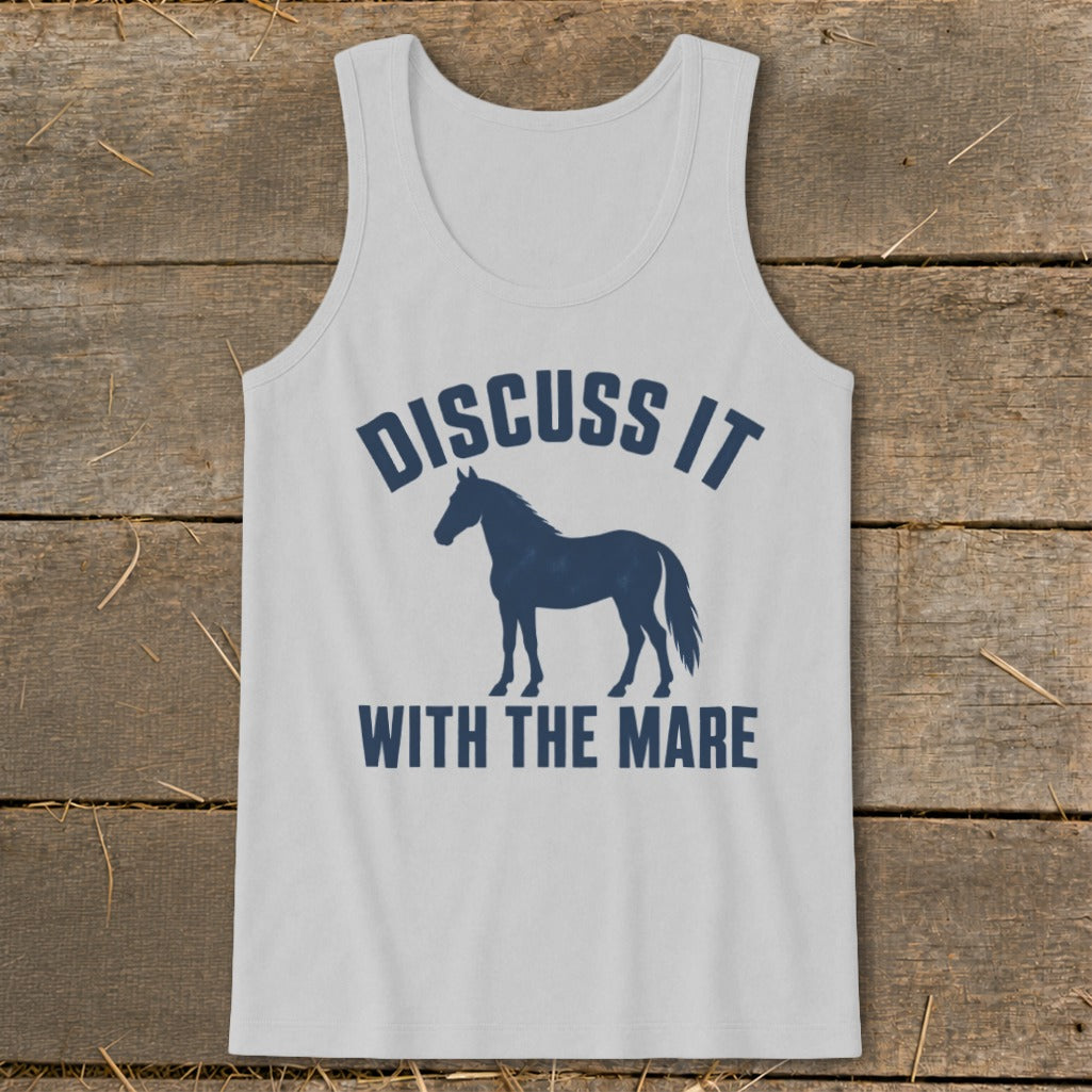 Light grey tank top with "Discuss It With The Mare" and horse silhouette.
