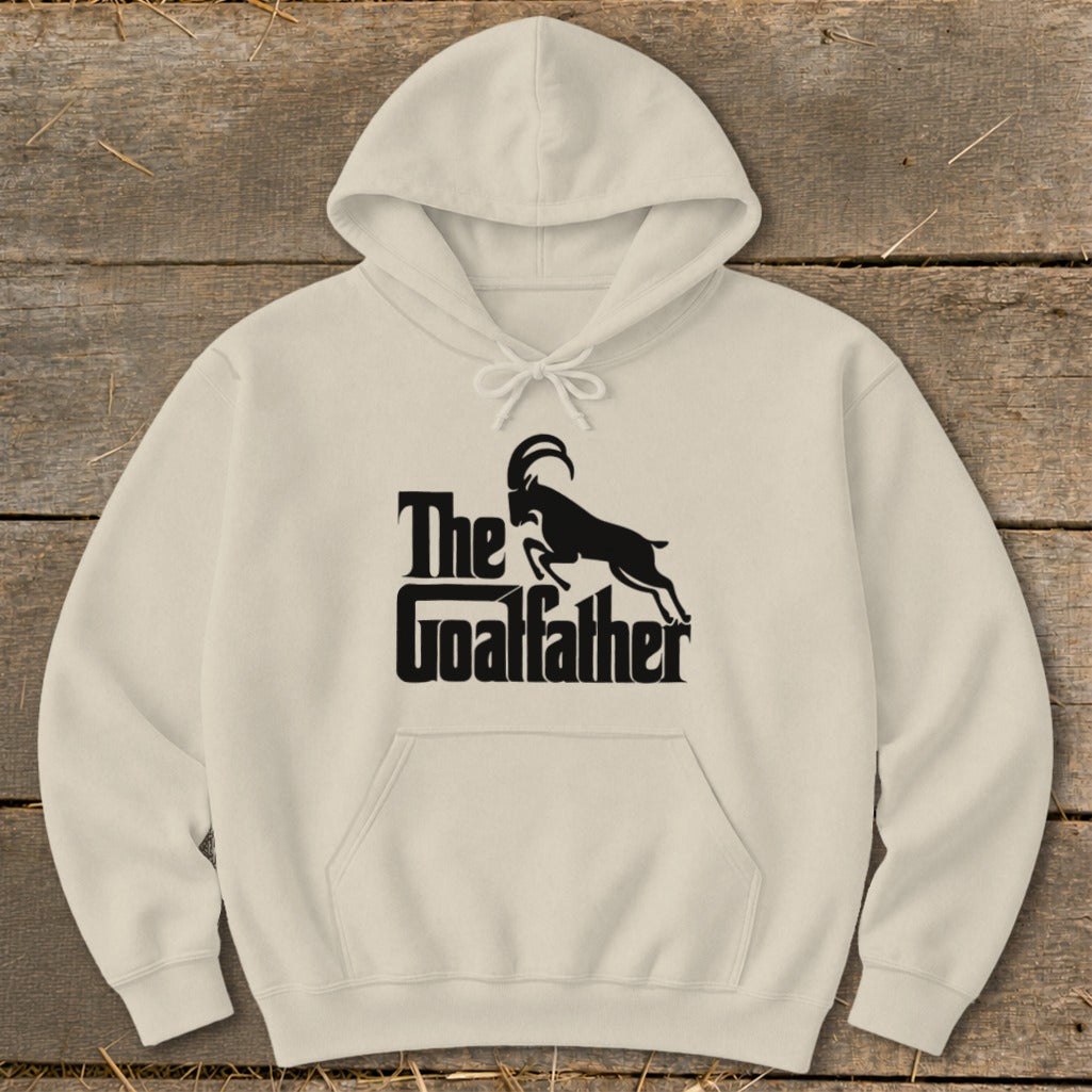 Beige hoodie with "The Goatfather" text and goat graphic.