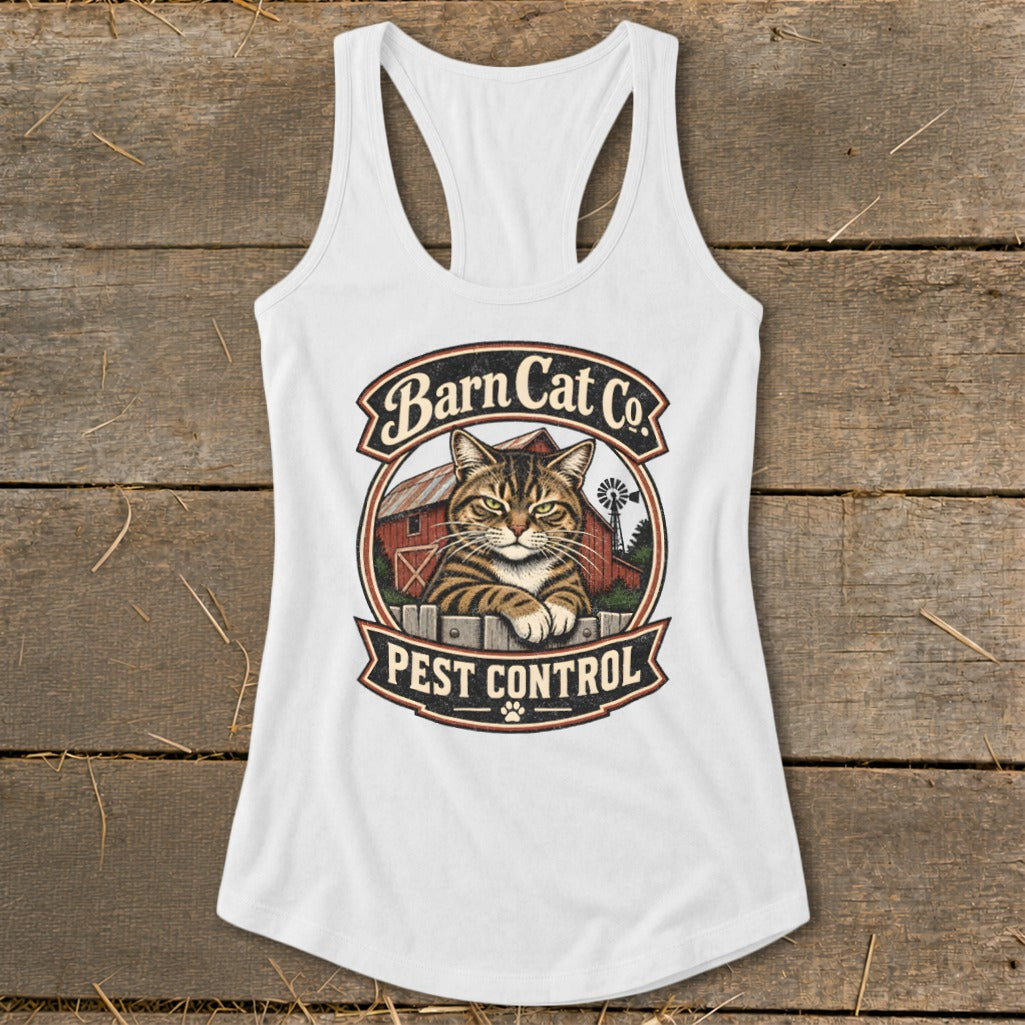 A white racerback tank top featuring a graphic of a tabby cat behind a fence with the text Barn Cat Co Pest Control.