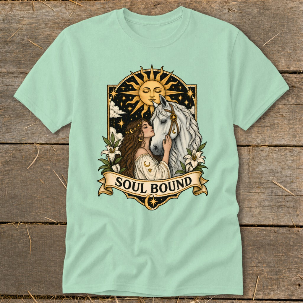 Mint t-shirt with "Soul Bound" text and illustration of a woman with a horse under a sun and stars.