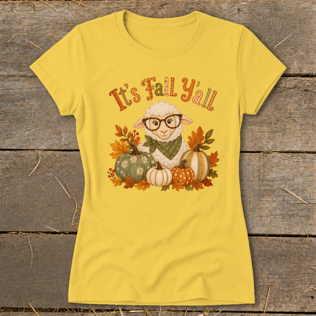 Yellow t-shirt with a sheep, pumpkins, and fall leaves graphic. "It's Fall Ya'll" text.
