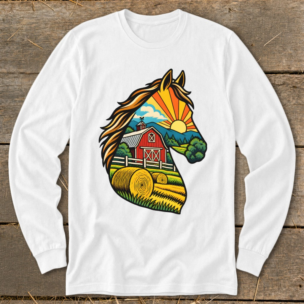 A white long-sleeved t-shirt featuring a graphic of a horse head silhouette filled with a farm scene.