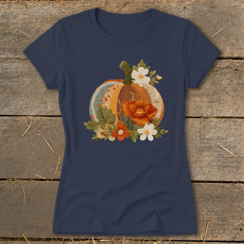 Navy blue short-sleeve t-shirt featuring a patchwork pumpkin graphic adorned with colorful autumn flowers.